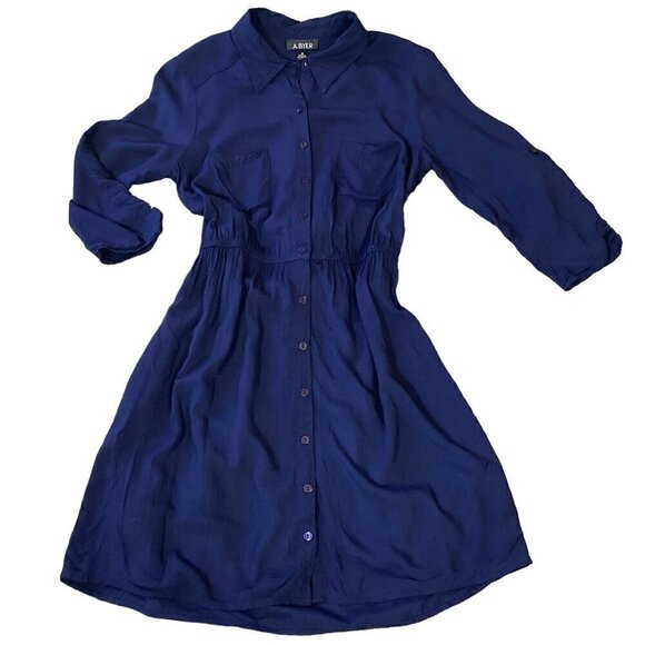 A. Byer Shirt Dress 2 Pockets Elastic Waist Sz M Blue 286K - Picture 1 of 9